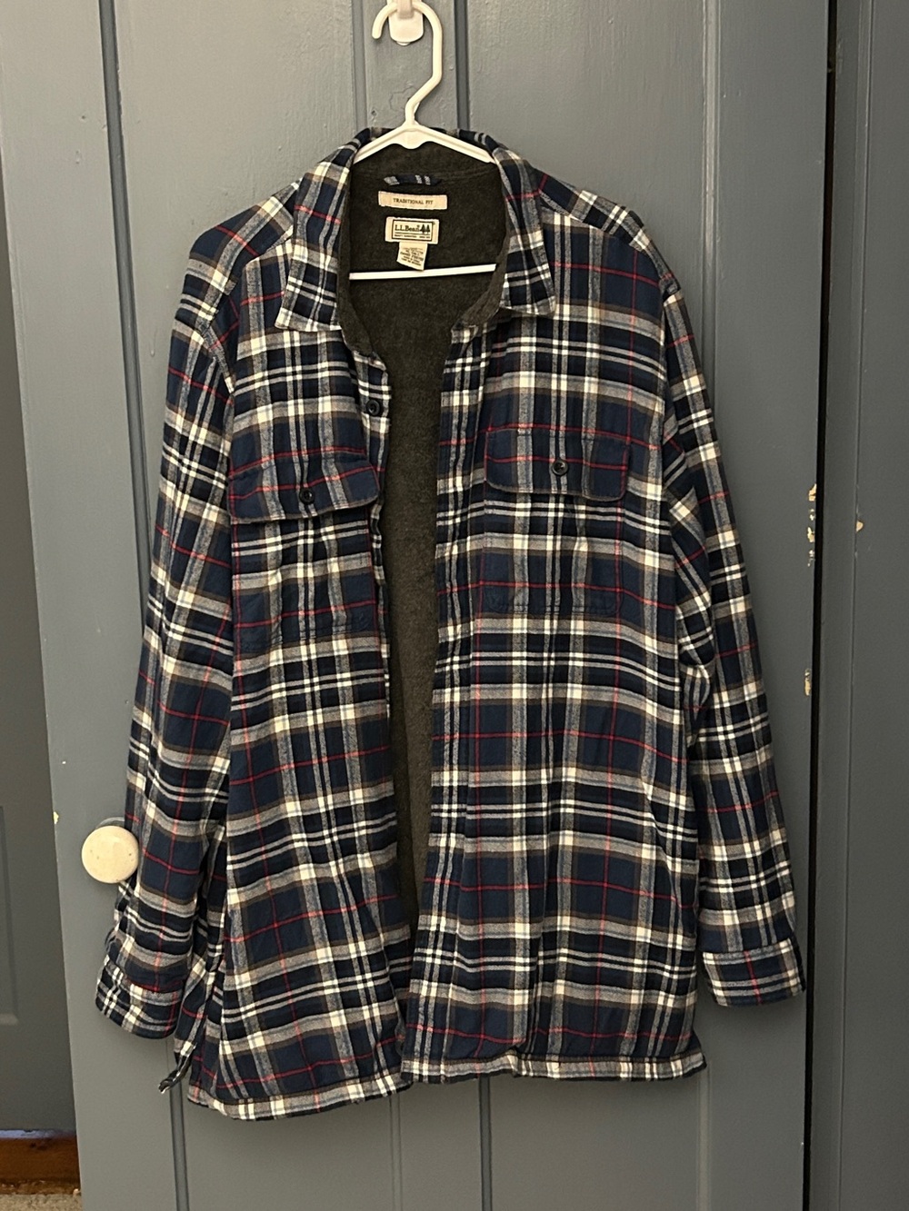 L.L. Bean Navy, White & Red Plaid Fleece-Lined Shirt Jacket